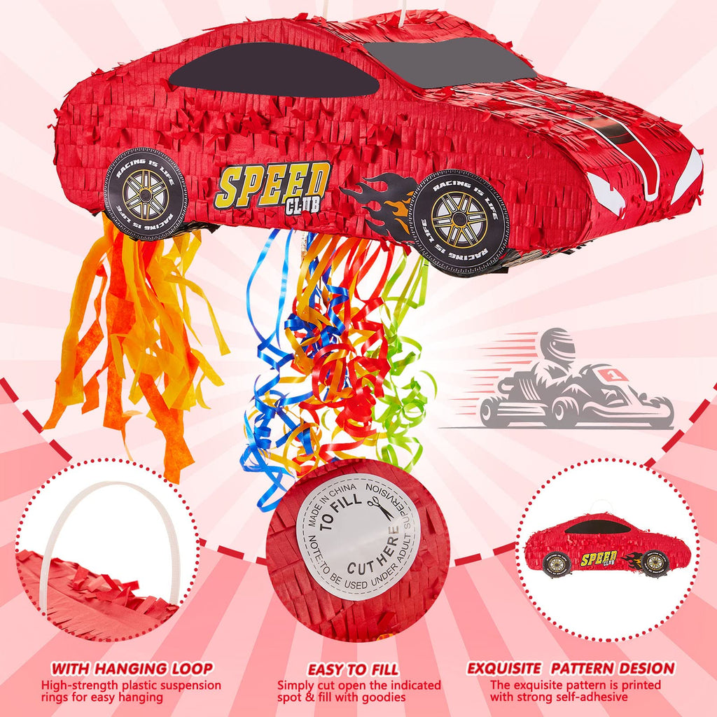 Lewtemi 4-Piece Race Car Pinata Set – 15.7-Inch with Blindfold, Bat & Confetti