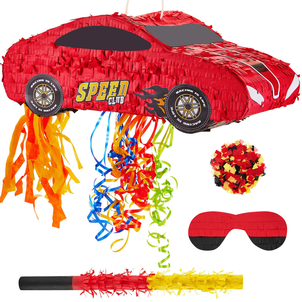 Lewtemi 4-Piece Race Car Pinata Set – 15.7-Inch with Blindfold, Bat & Confetti