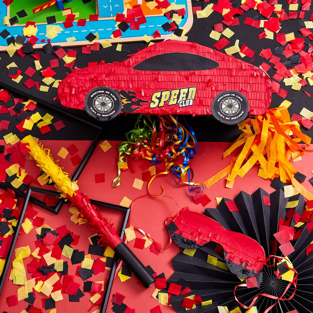 Lewtemi 4-Piece Race Car Pinata Set – 15.7-Inch with Blindfold, Bat & Confetti