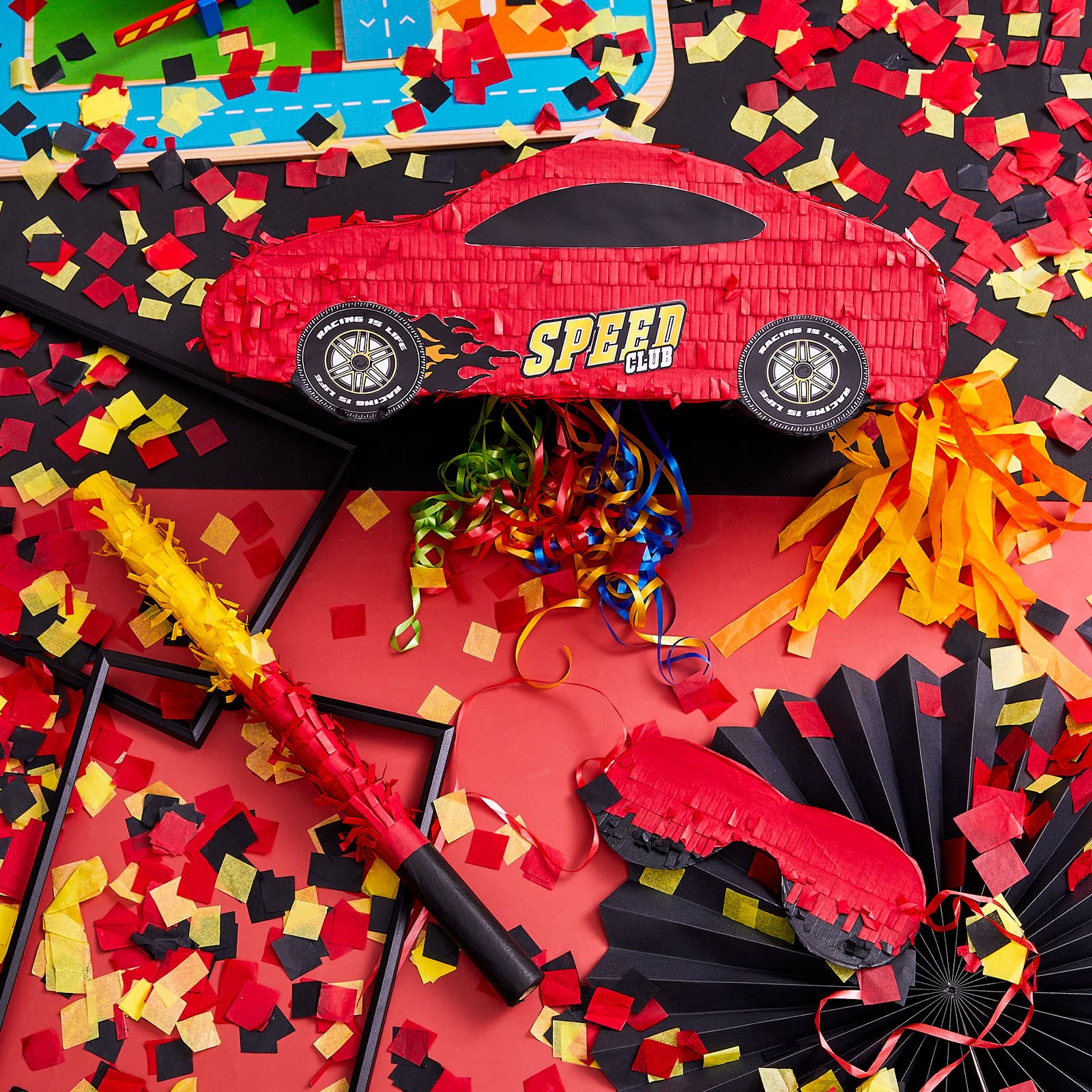 Lewtemi 4-Piece Race Car Pinata Set – 15.7-Inch with Blindfold, Bat & Confetti