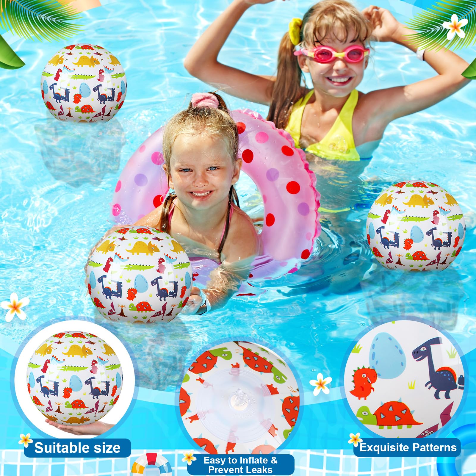 Leyndo 12 Pack Dinosaur Beach Balls - 20 cm, Bulk Pool & Beach Party Toys