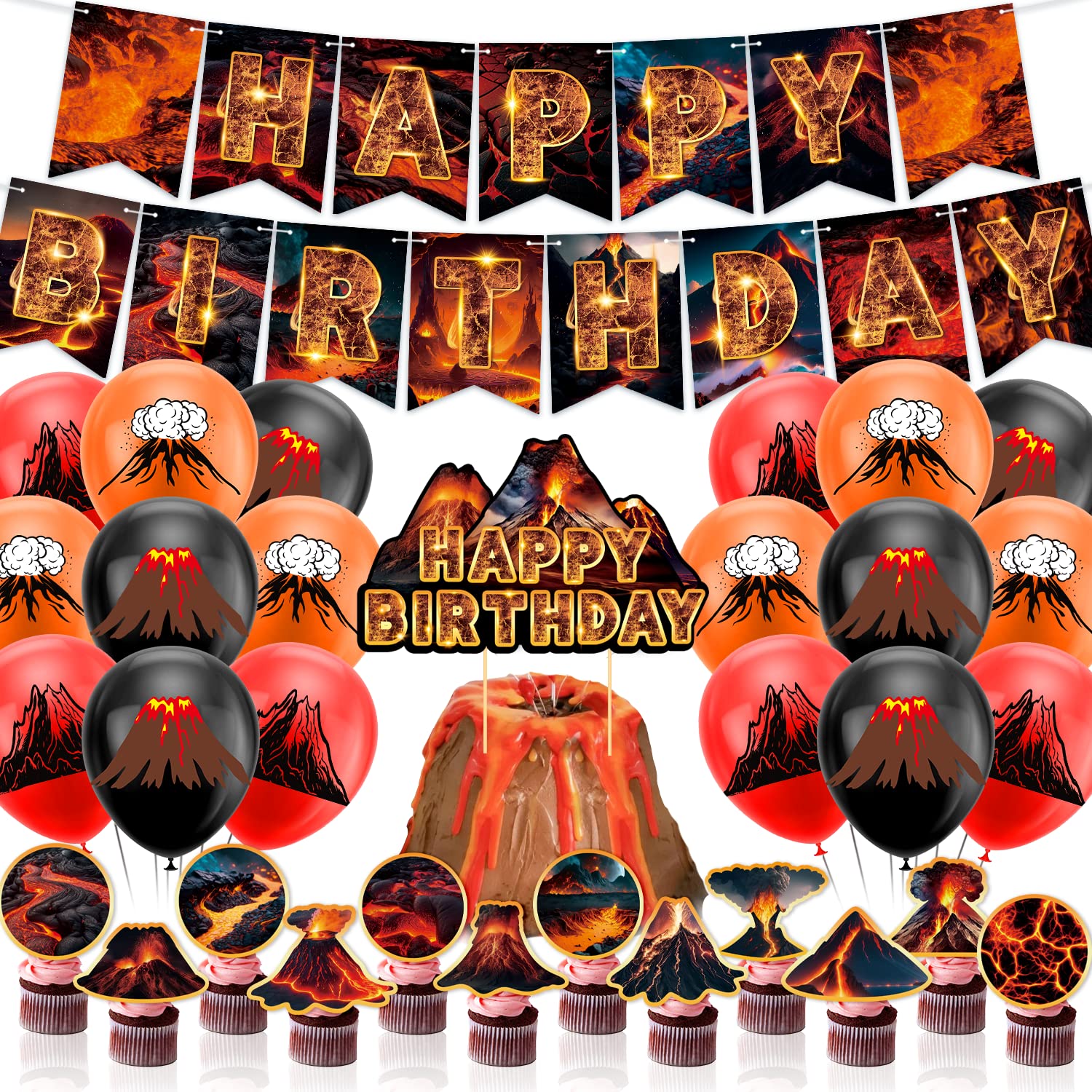 Lava Party Decorations Set - Volcano Banner, Cake Topper, Cupcake Toppers & Balloons by LFCFDX