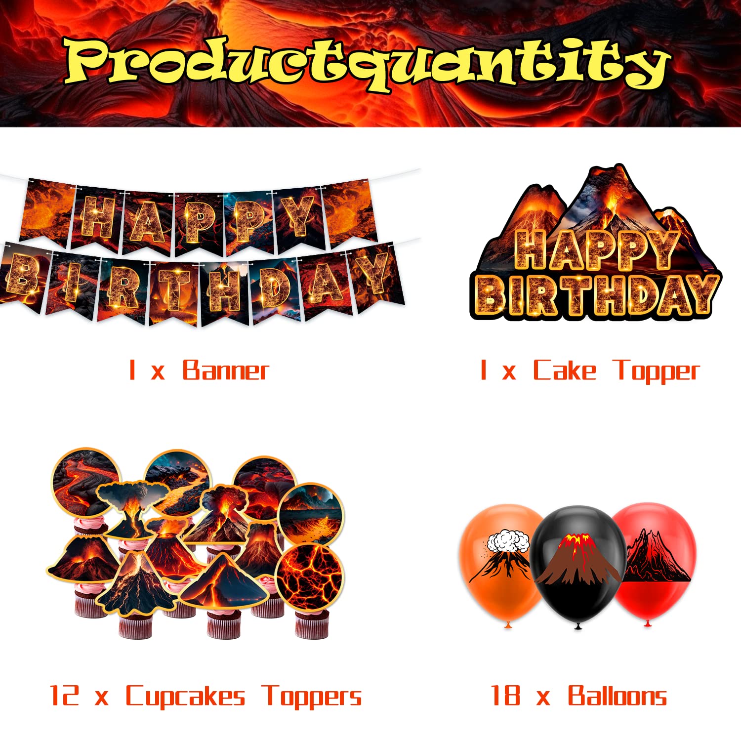 Lava Party Decorations Set - Volcano Banner, Cake Topper, Cupcake Toppers & Balloons by LFCFDX