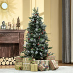 HOMCOM 5FT Artificial Snow Dipped Christmas Tree Xmas Pencil Tree Holiday Home Party Decoration with Foldable Feet Red Berries White Pinecones, Green
