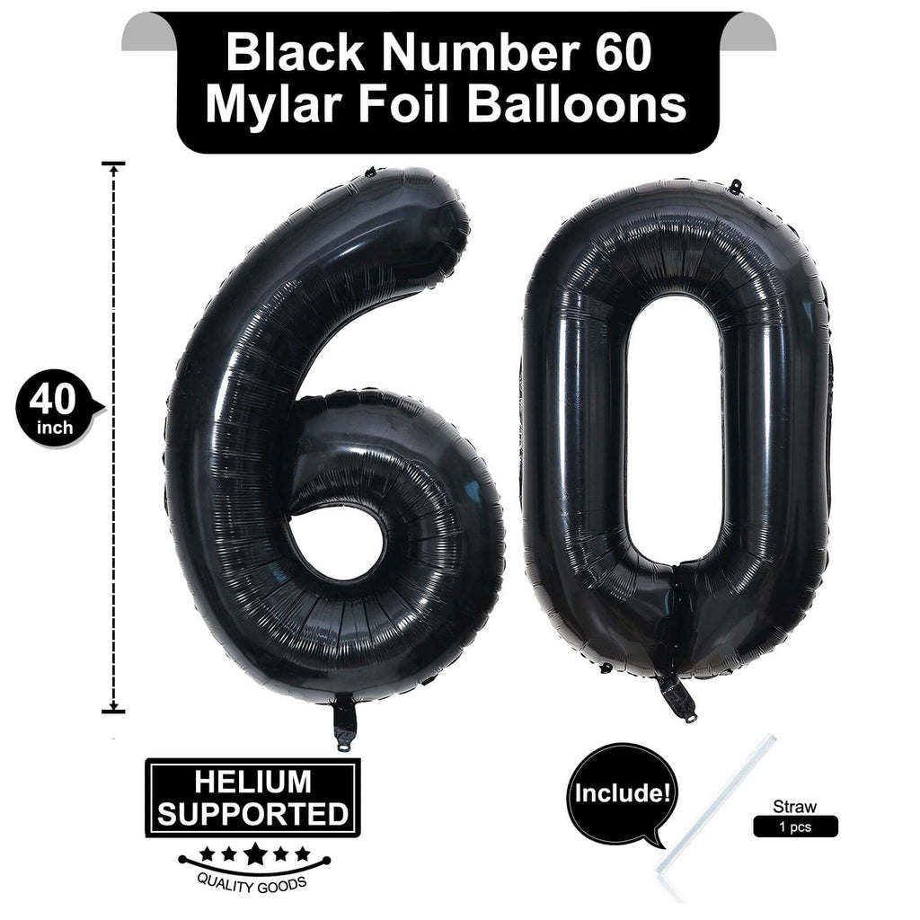 LHOAVWE 40in Black 60-Number Balloons – Giant Foil Mylar 60th Birthday Backdrop