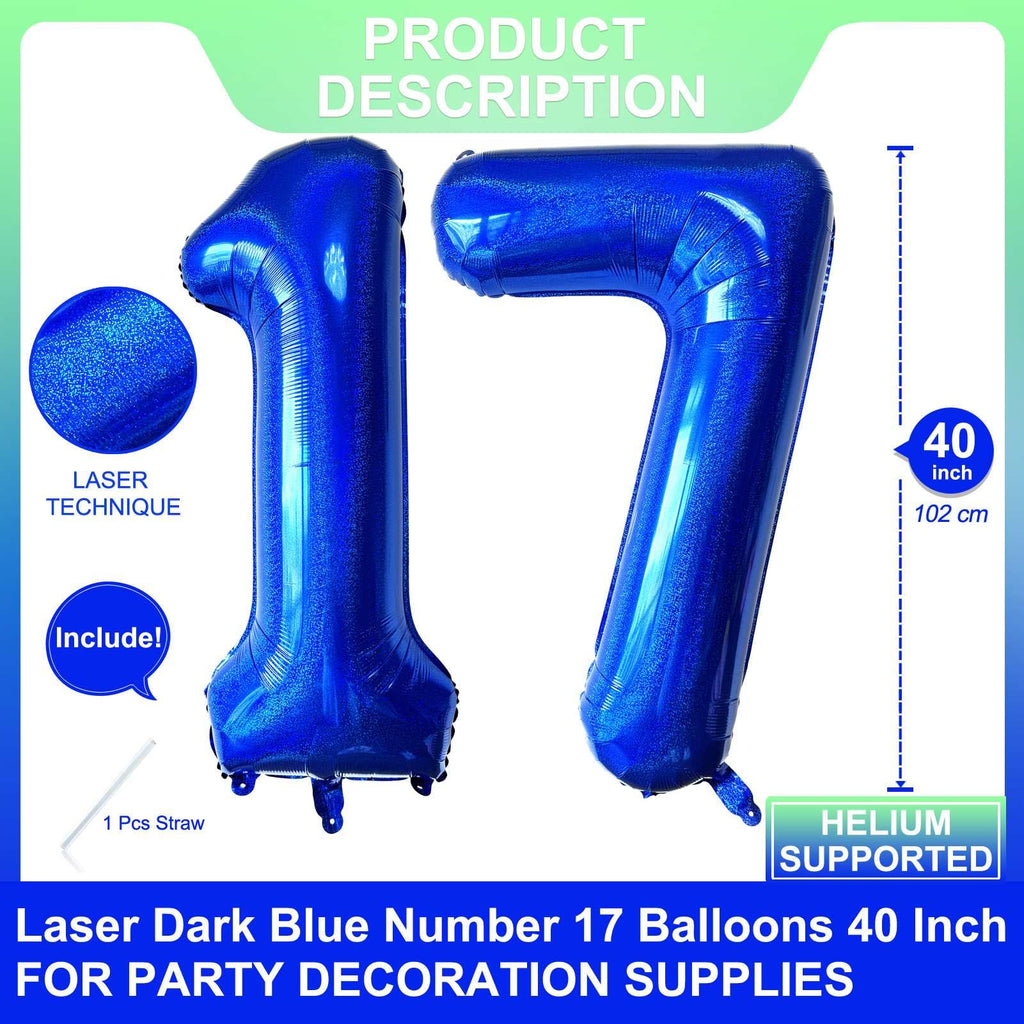 LHOAVWE Blue 17-Number Balloons 40-Inch Giant Laser Navy Blue | 17th Birthday & Anniversary Decor