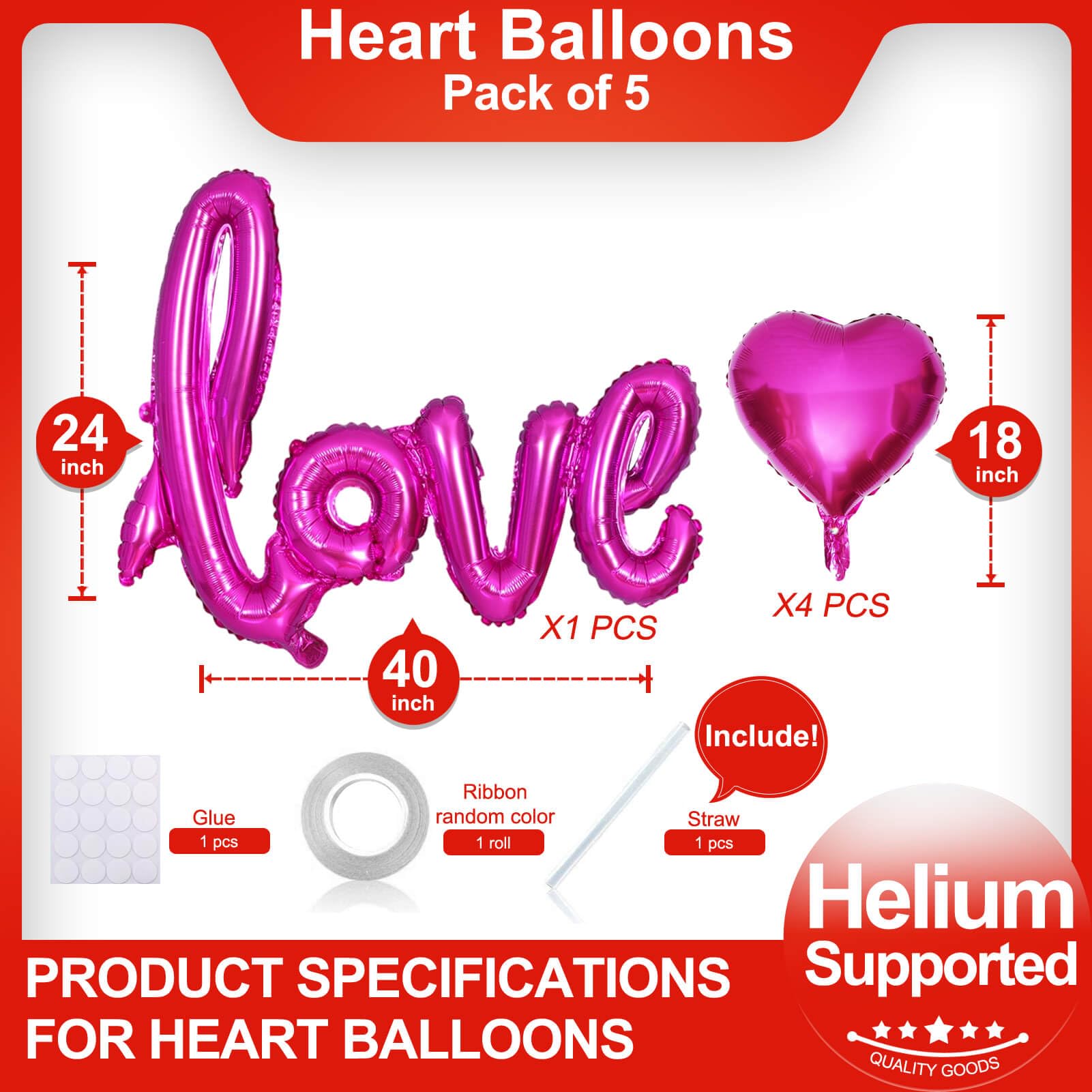 LHOAVWE 5 Pcs Hot Pink Balloons Set - Large 40x24 Inch Love Balloon + 18-Inch Heart Balloons for Valentine’s Day Weddings