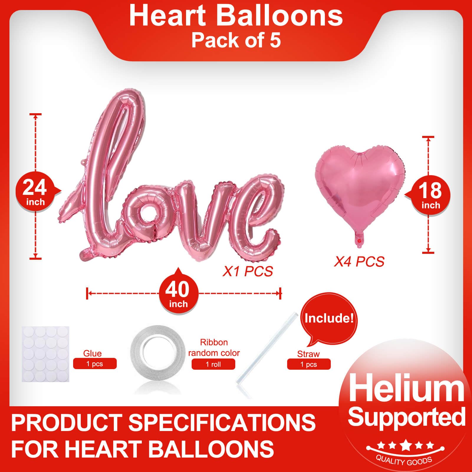 LHOAVWE 5 Pcs Pink Heart Balloons – Large Pink Love Balloon and Pink Heart Balloons for Valentines Day Weddings and Parties