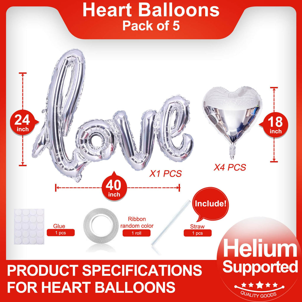 LHOAVWE 5 Pcs Silver Heart Balloons – Valentine Love Balloons for Weddings & Parties