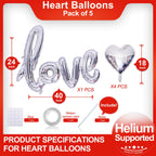 LHOAVWE 5 Pcs Silver Heart Balloons – Valentine Love Balloons for Weddings & Parties