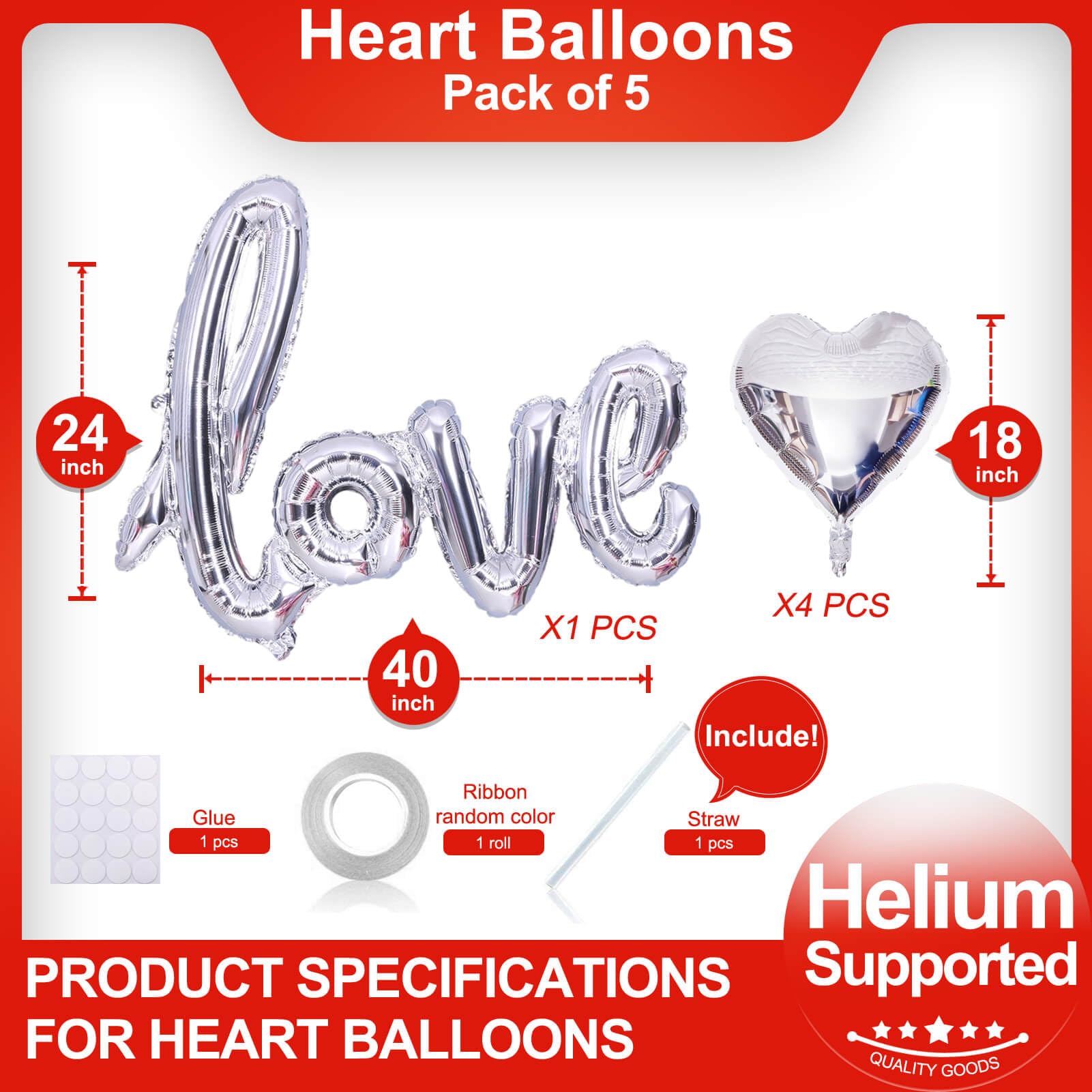 LHOAVWE 5 Pcs Silver Heart Balloons – Valentine Love Balloons for Weddings & Parties