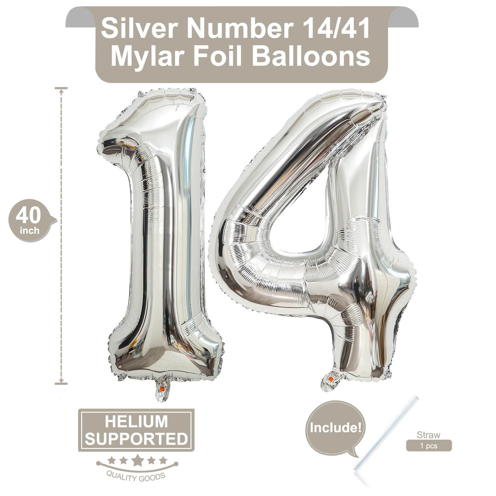 LHOAVWE 40 Inch Silver 14/41 Number Balloons – Giant Foil Backdrop for 14th Birthday & Anniversary