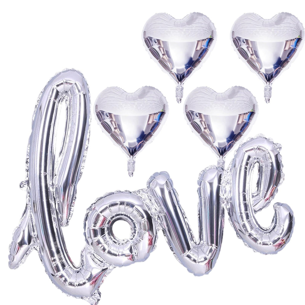 LHOAVWE 5 Pcs Silver Heart Balloons – Valentine Love Balloons for Weddings & Parties