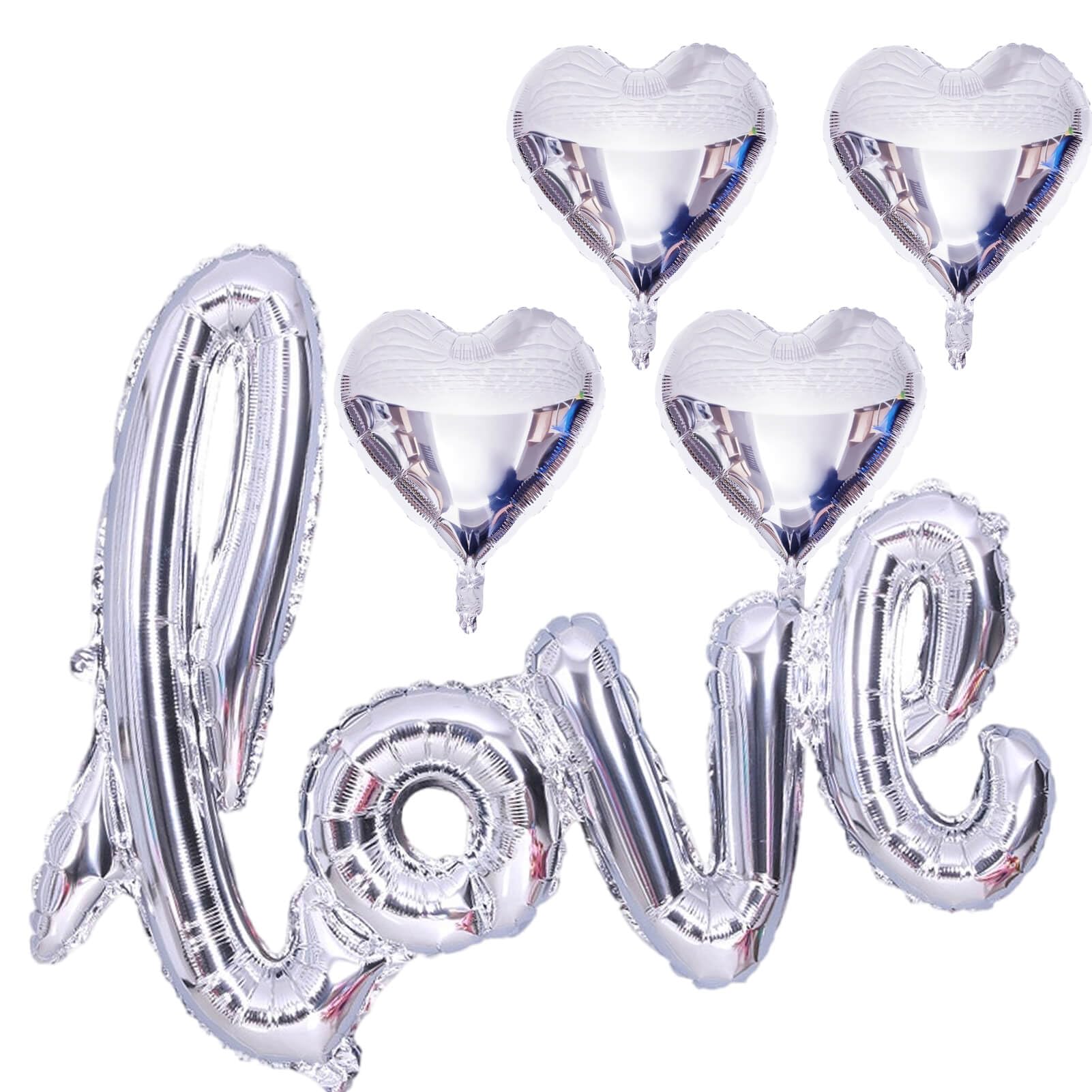LHOAVWE 5 Pcs Silver Heart Balloons – Valentine Love Balloons for Weddings & Parties