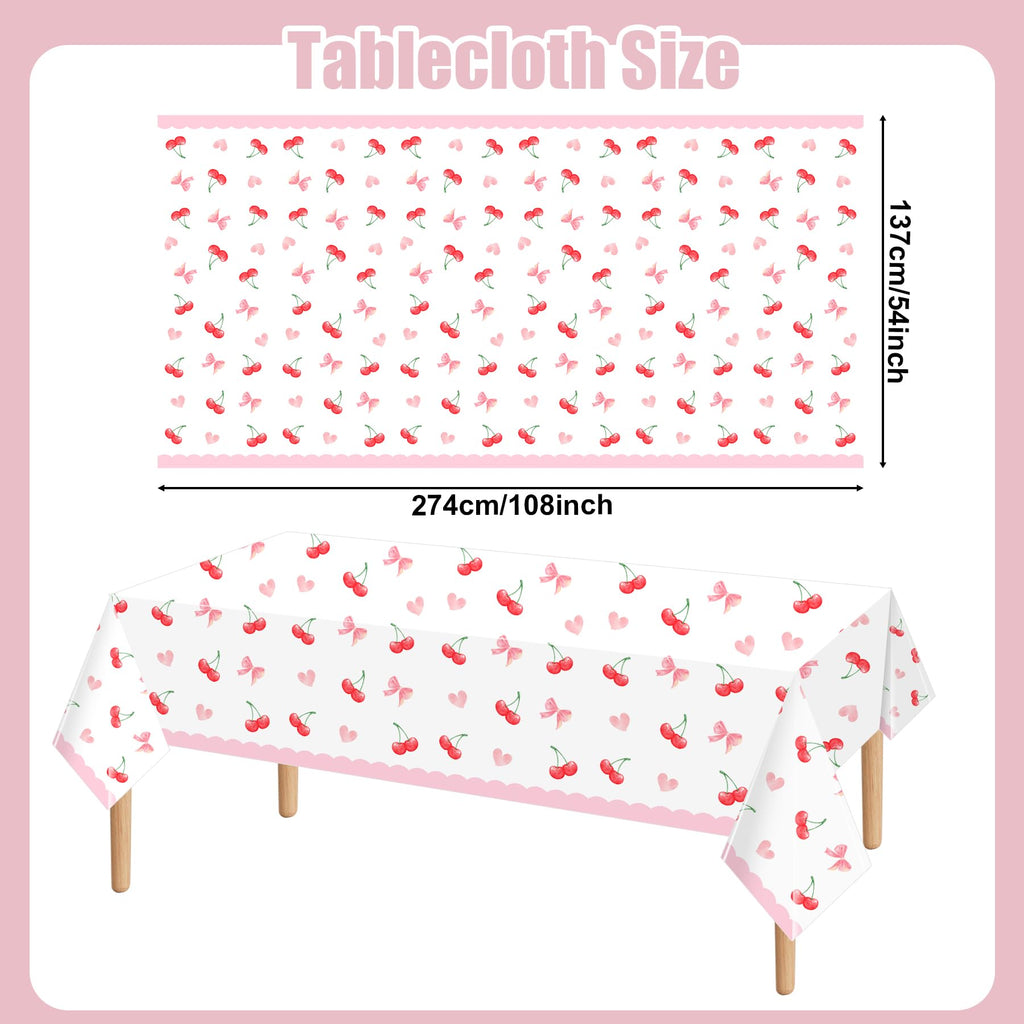 Lianxuia 3Pcs Pink Bow Cherry Tablecloths — Waterproof 54 x 108 Inch Plastic Party Cover
