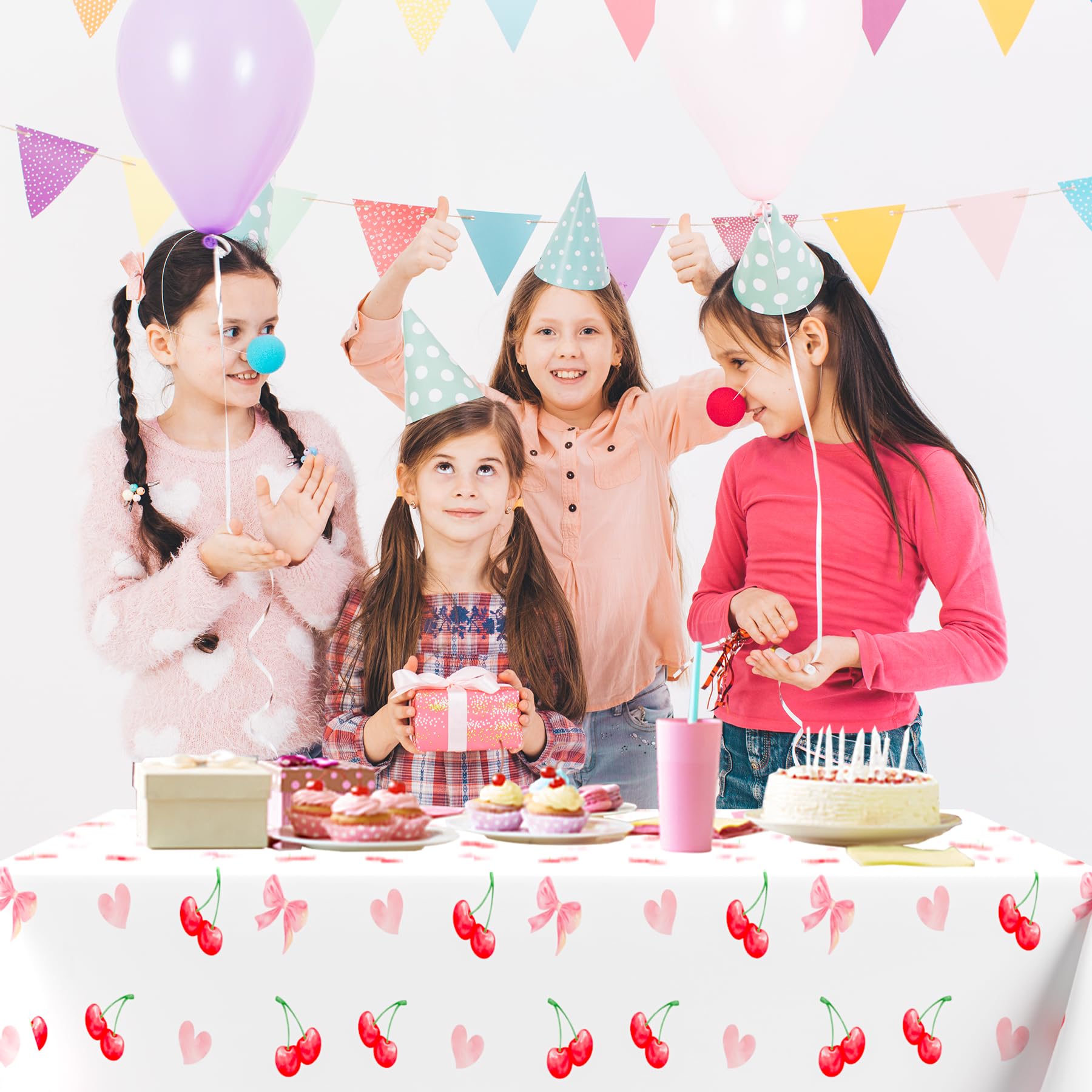 Lianxuia 3Pcs Pink Bow Cherry Tablecloths — Waterproof 54 x 108 Inch Plastic Party Cover
