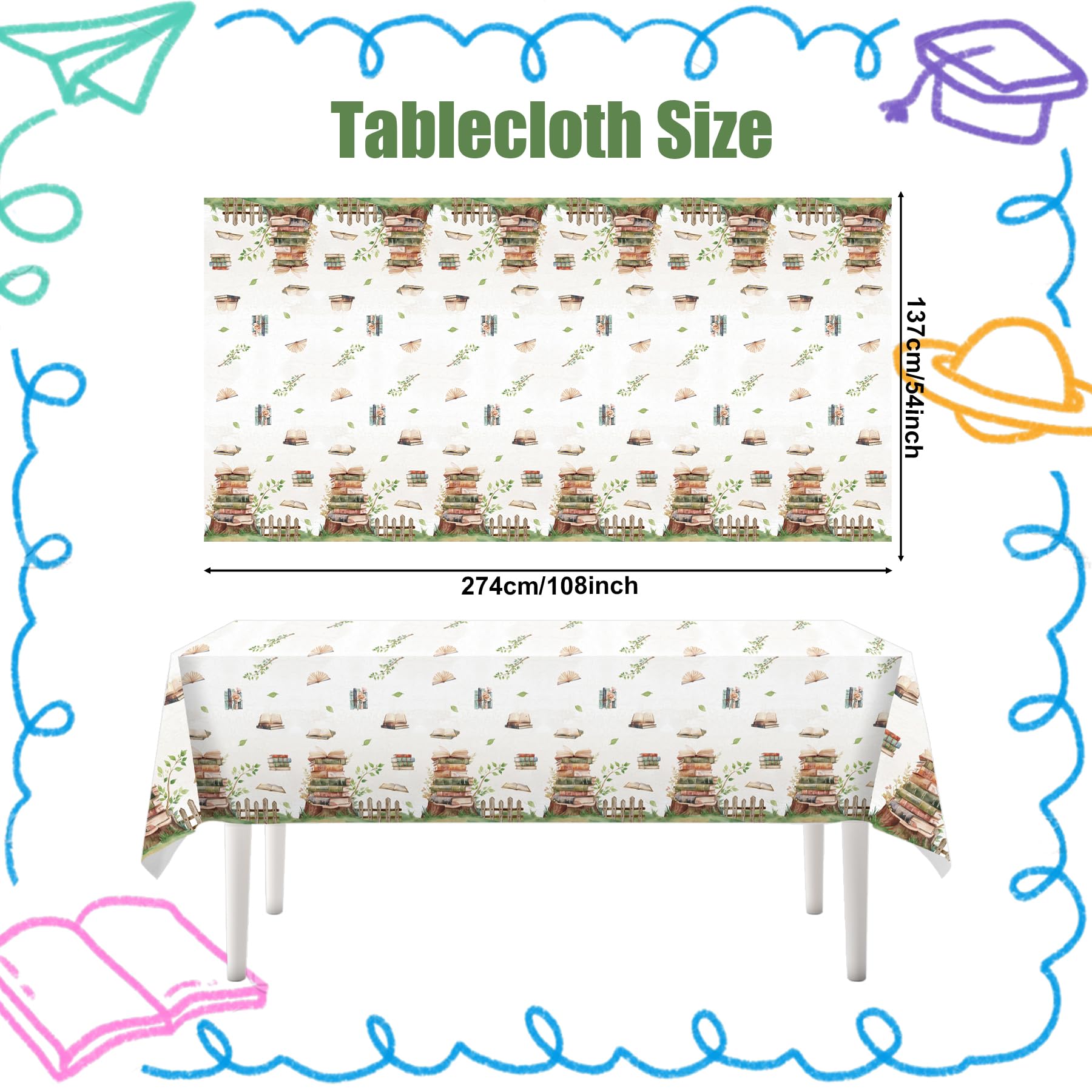Lianxuia 3Pcs Book Themed Tablecloths - 54 x 108 in Waterproof Table Cover for Book Clubs, Parties, and Baby Showers