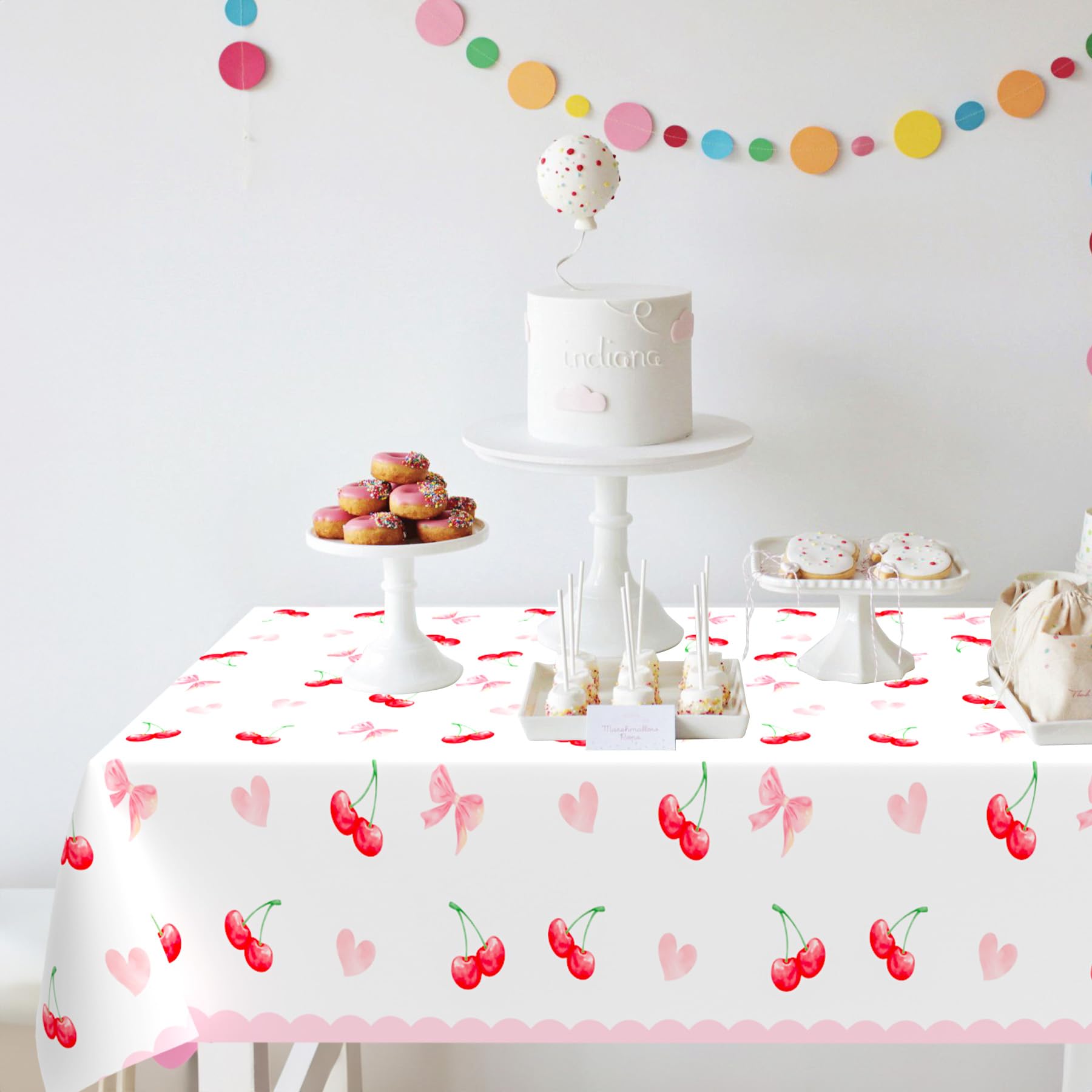 Lianxuia 3Pcs Pink Bow Cherry Tablecloths — Waterproof 54 x 108 Inch Plastic Party Cover