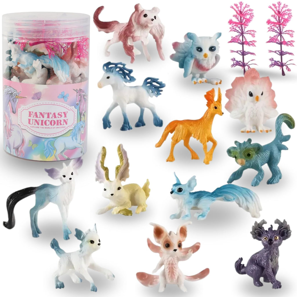 Liberty Imports 12 Pack Fantasy Creatures Figurines Set – Unicorns, Dragons & Fairy Animals | Mini Cake Toppers & Party Favors