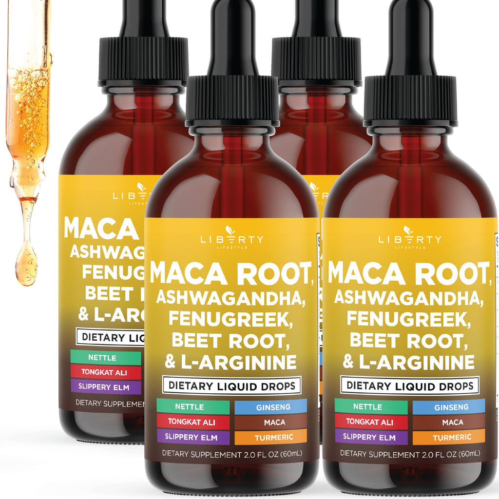 Liberty Lifestyle Bio Maca-Wurzel flüssige Tropfen mit Ashwagandha, Brennnessel, Bockshornklee, Rote Bete & L-Arginin – 8oz
