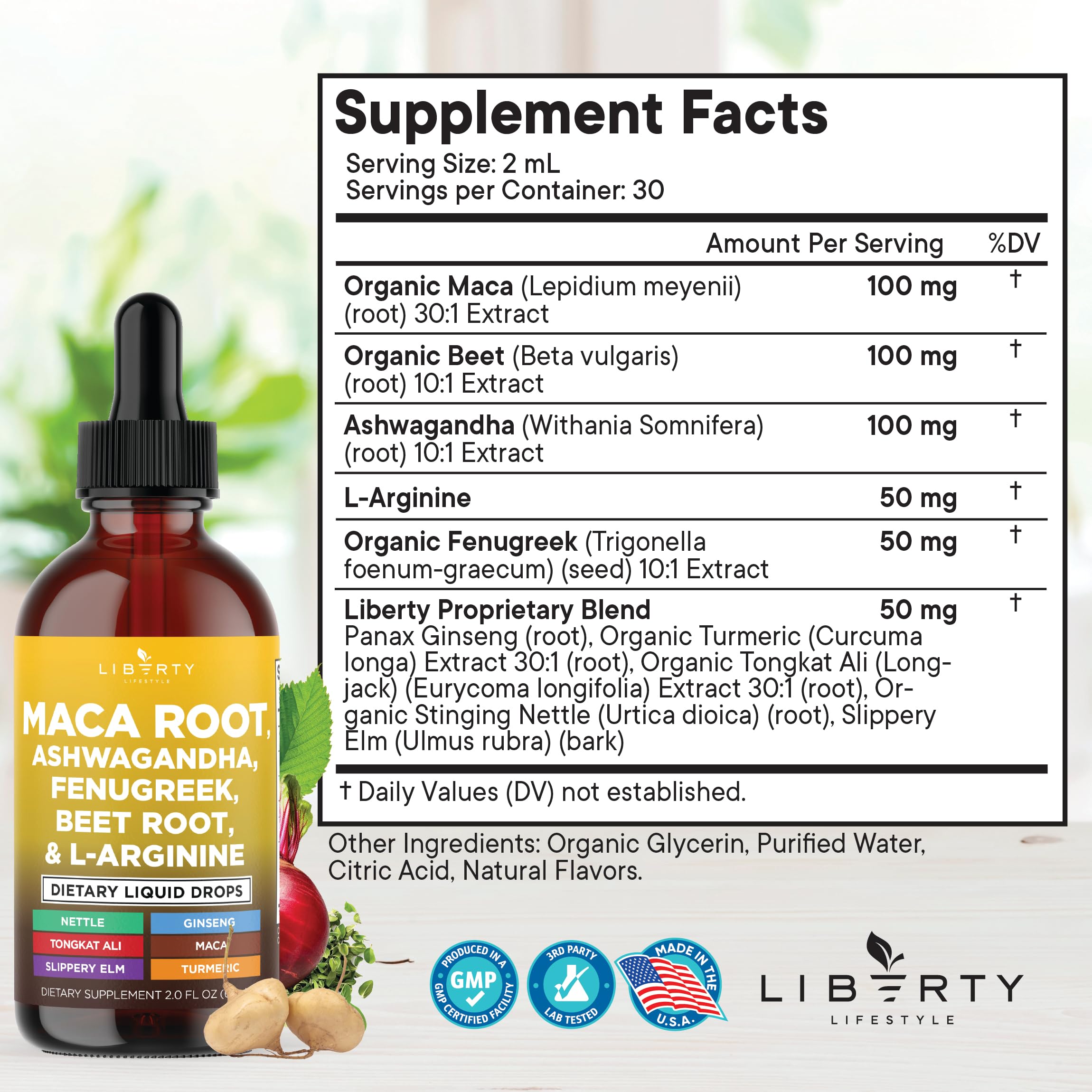 Liberty Lifestyle Bio Maca-Wurzel flüssige Tropfen mit Ashwagandha, Brennnessel, Bockshornklee, Rote Bete & L-Arginin – 8oz