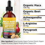 Liberty Lifestyle Bio Maca-Wurzel flüssige Tropfen mit Ashwagandha, Brennnessel, Bockshornklee, Rote Bete & L-Arginin – 8oz