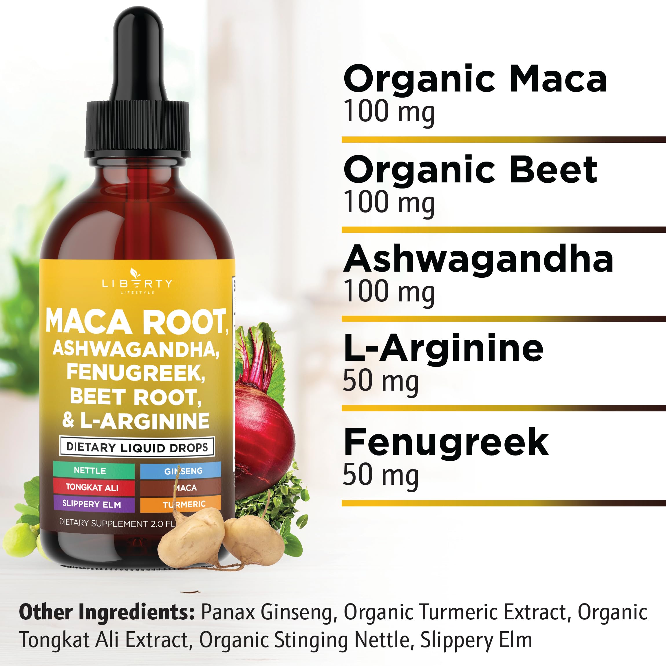 Liberty Lifestyle Bio Maca-Wurzel flüssige Tropfen mit Ashwagandha, Brennnessel, Bockshornklee, Rote Bete & L-Arginin – 8oz