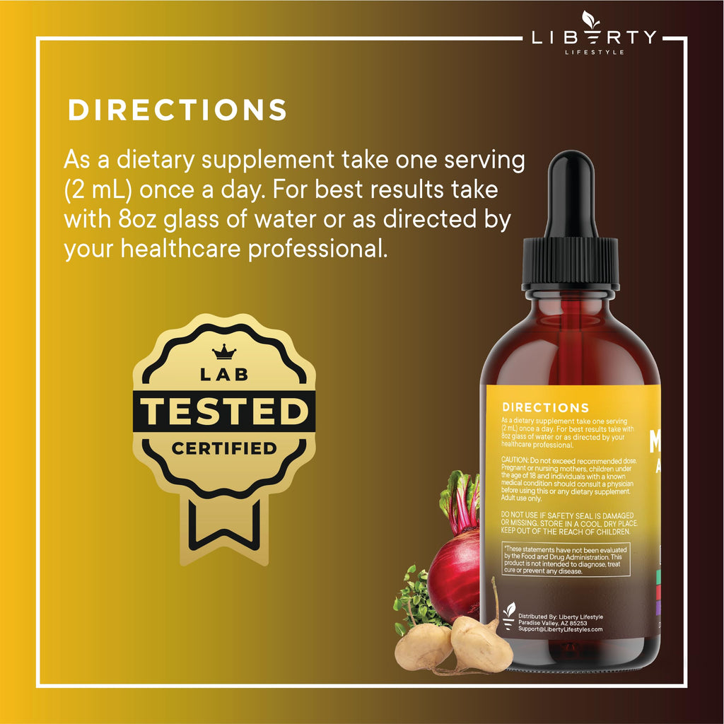 Liberty Lifestyle Bio Maca-Wurzel flüssige Tropfen mit Ashwagandha, Brennnessel, Bockshornklee, Rote Bete & L-Arginin – 8oz