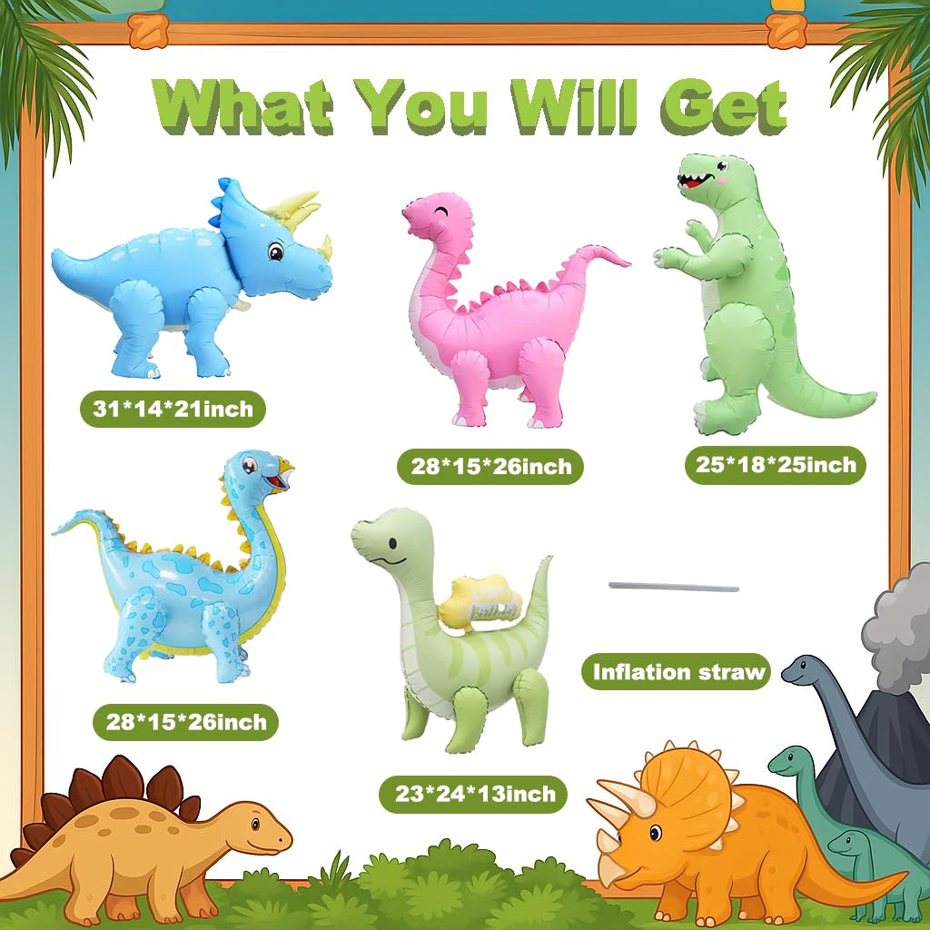 LilyZheng 5-Pack 3D Self-Standing Dinosaur Balloons Pastel Foil Party Decor