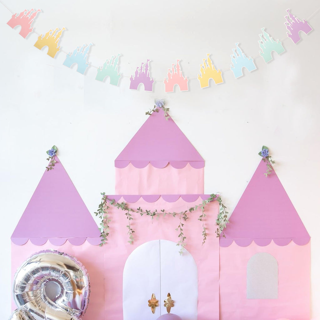 LINGANA Colorful Castle Banner for Princess Birthday Parties | Fairy Tale Photo Backdrop