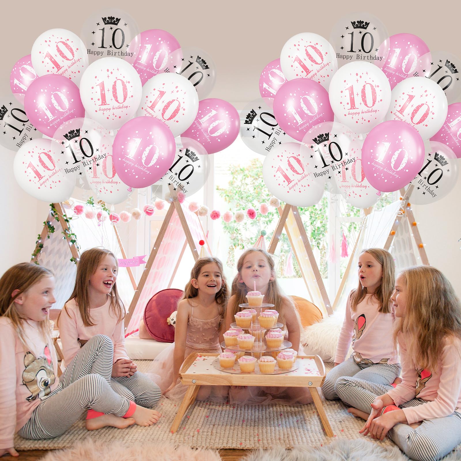 Lingqiang Pink & White 10th Birthday Balloons – 15-Count Latex Set for Girls' Party
