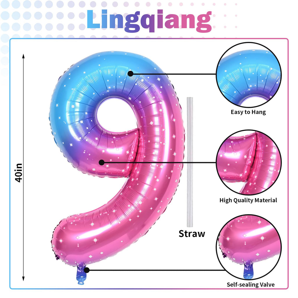 Lingqiang 40-Inch Rainbow Gradient Number 9 Balloon – Large Foil Balloons for Birthdays & Parties