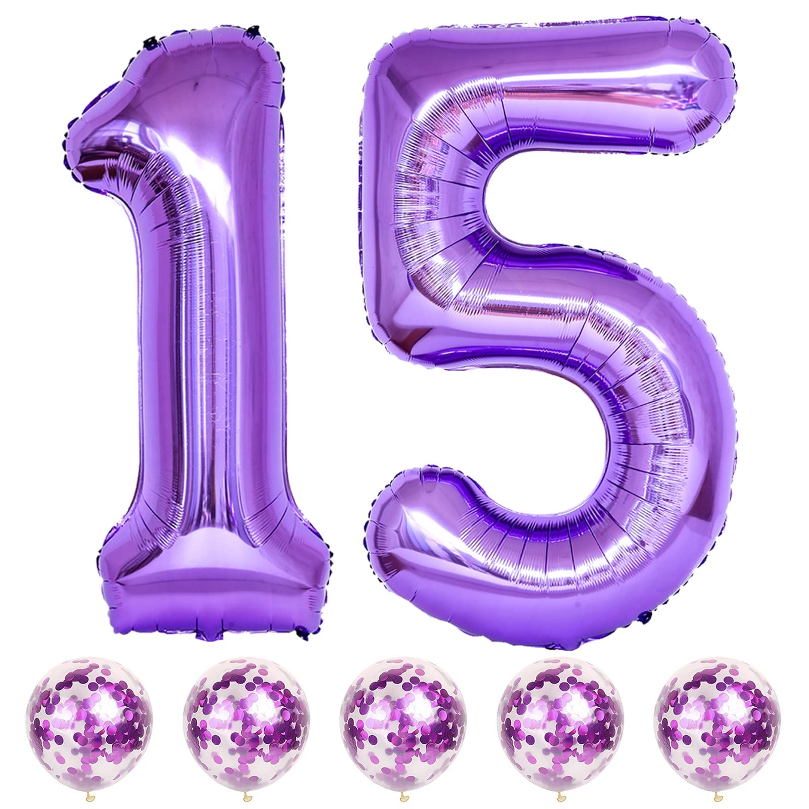 Lingqiang 15th Birthday Balloons Kit — 40-Inch Purple Number 15 Foil Balloons with Confetti