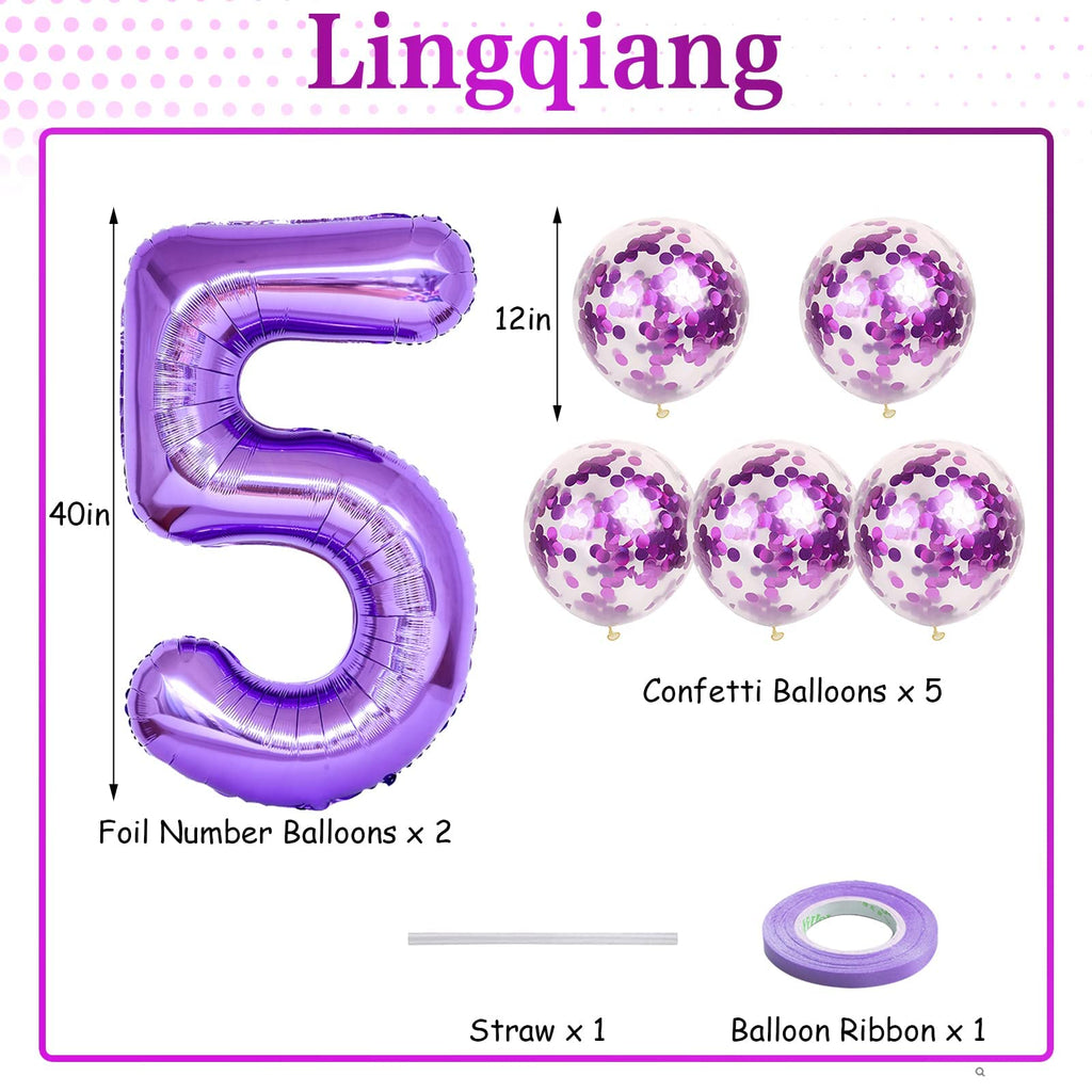 Lingqiang 15th Birthday Balloons Kit — 40-Inch Purple Number 15 Foil Balloons with Confetti