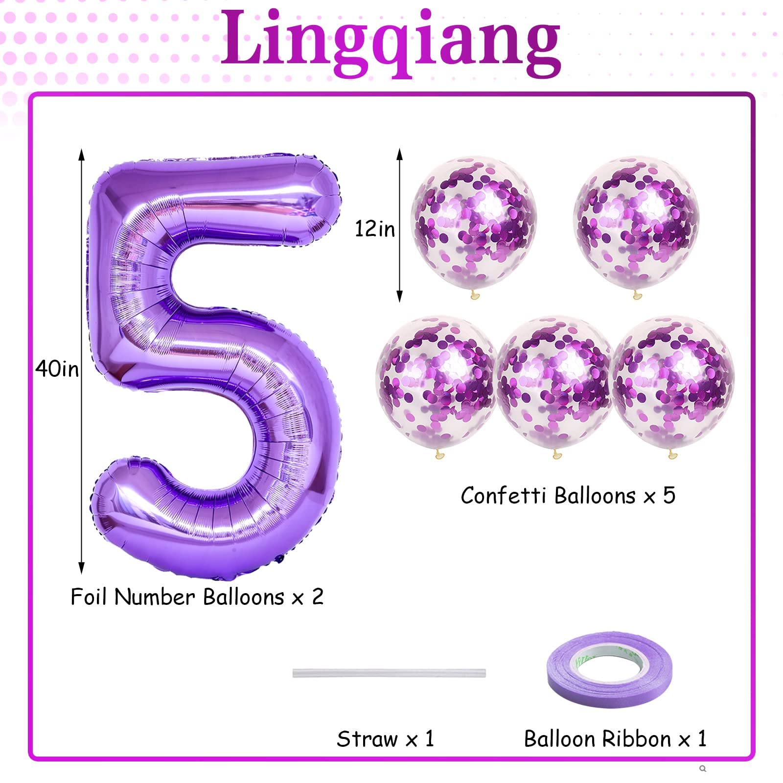 Lingqiang 15th Birthday Balloons Kit — 40-Inch Purple Number 15 Foil Balloons with Confetti