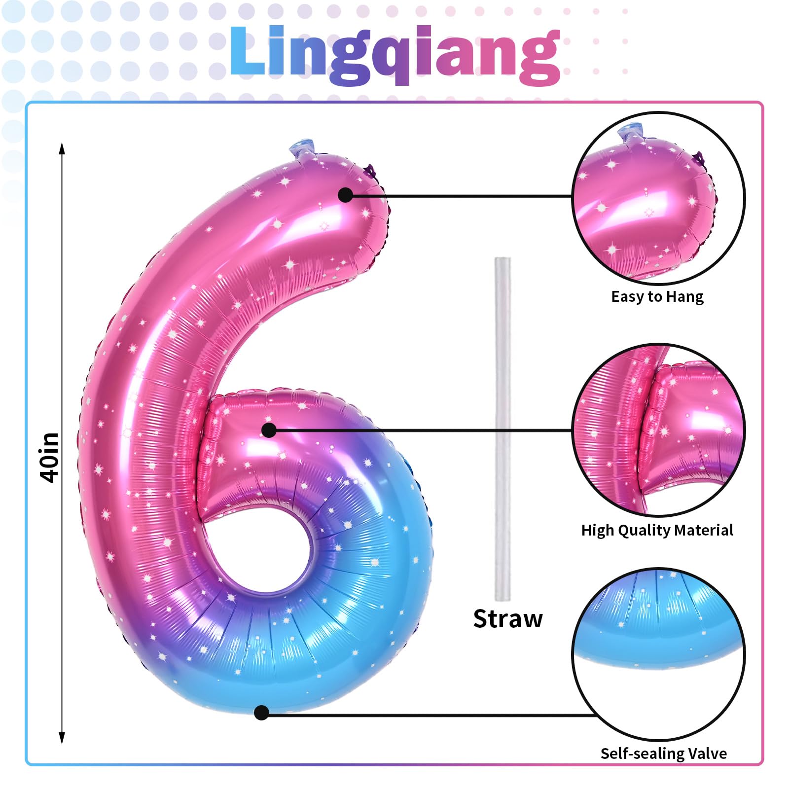 Lingqiang 40" Gradient Blue Pink Number Balloons – 0-9 Foil Mylar Birthday Balloons