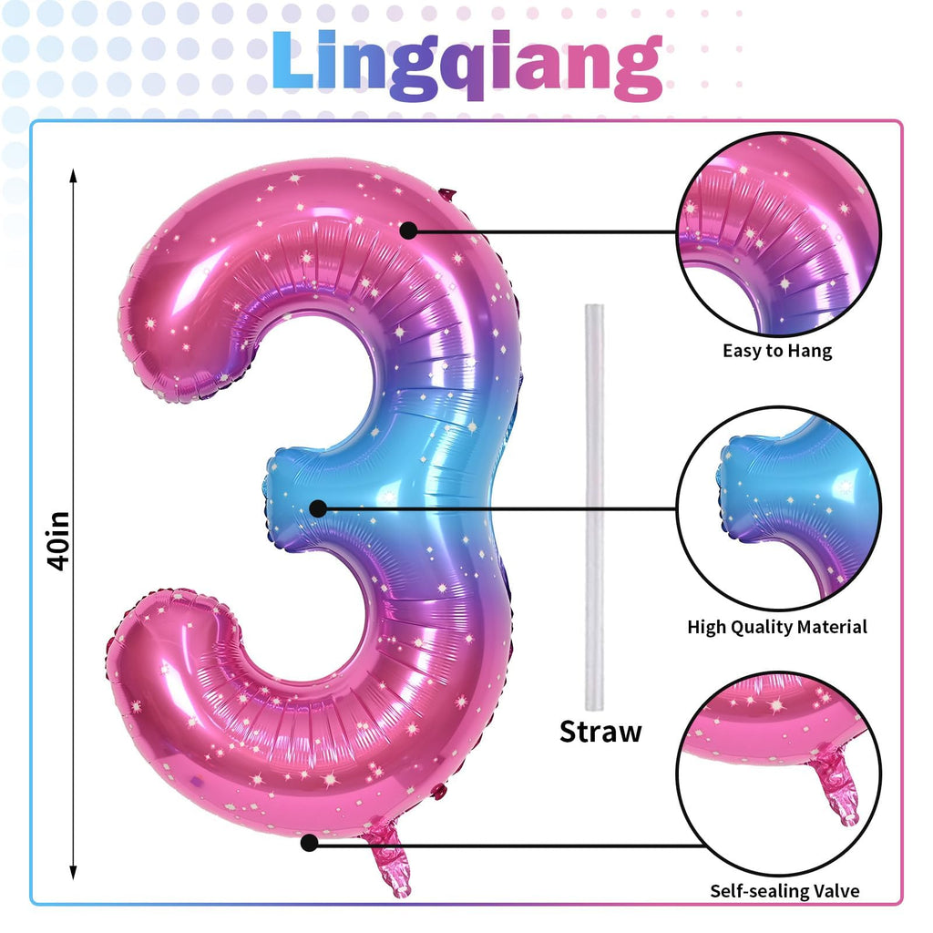 Lingqiang 40 Inch Rainbow Number 3 Balloon – Self-Inflating Gradient Mylar Balloons for Birthday Parties