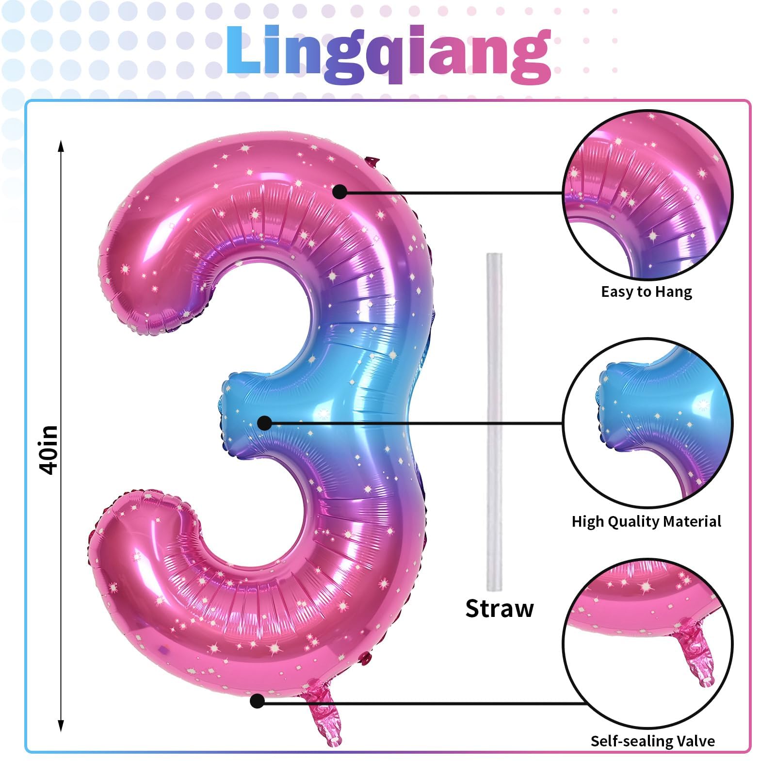 Lingqiang 40 Inch Rainbow Number 3 Balloon – Self-Inflating Gradient Mylar Balloons for Birthday Parties