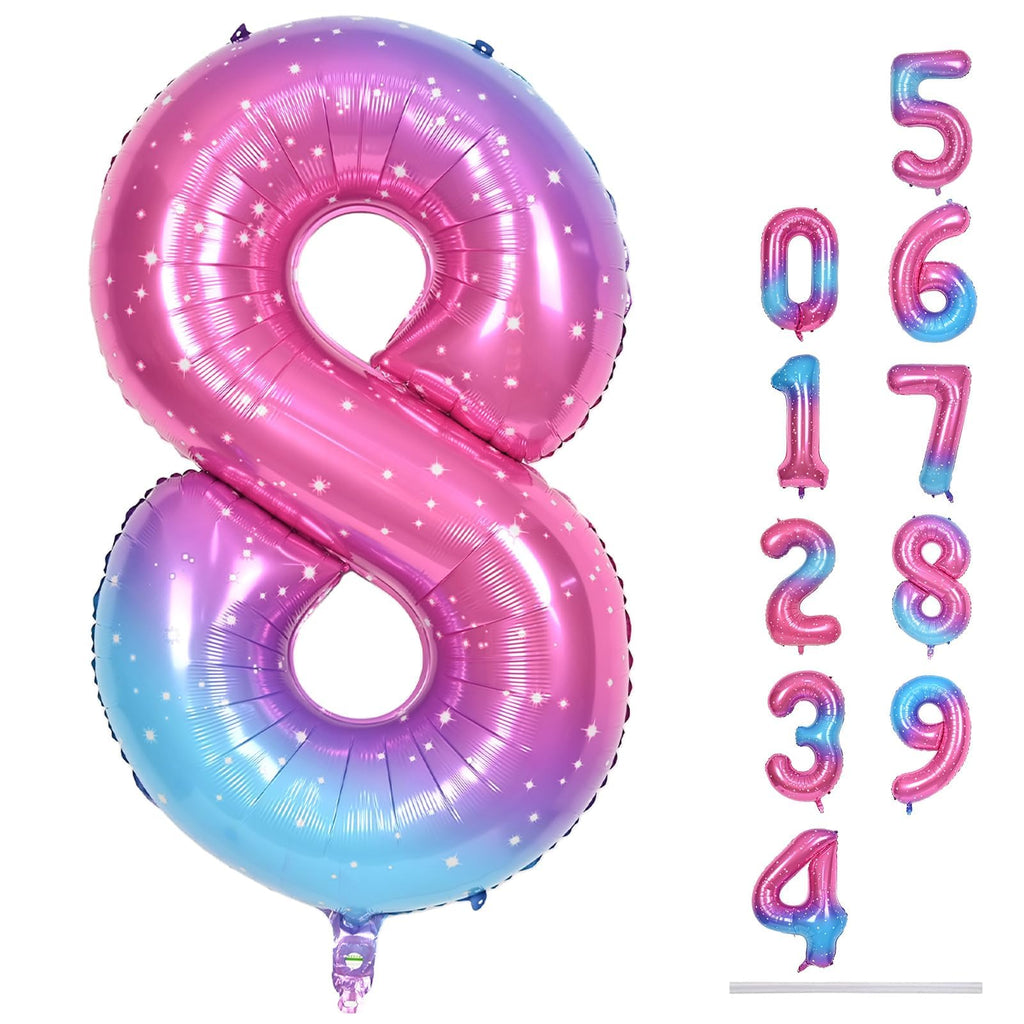 Lingqiang 40-Inch Rainbow Foil Balloon Number 8 – Giant Gradient Blue Pink Balloons