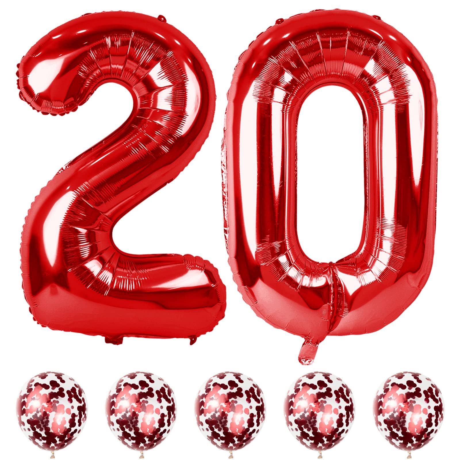 Lingqiang Red 20 Balloon Number Set – 40in Foil Numbers with Confetti Balloons for 20th Birthday & Anniversary Parties