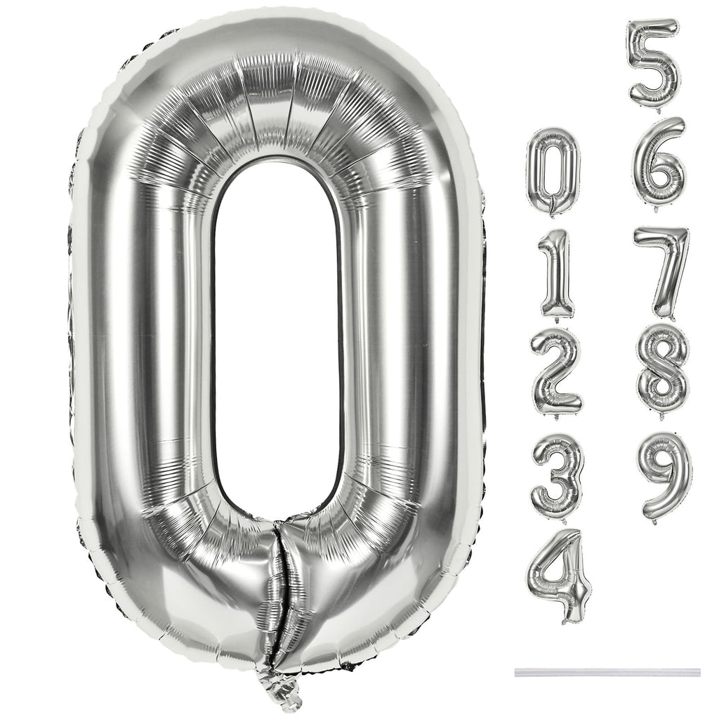 Lingqiang 40 Inch Silver Foil Balloon Number 0 | Giant Self-Inflating 0-9 Balloons for Parties