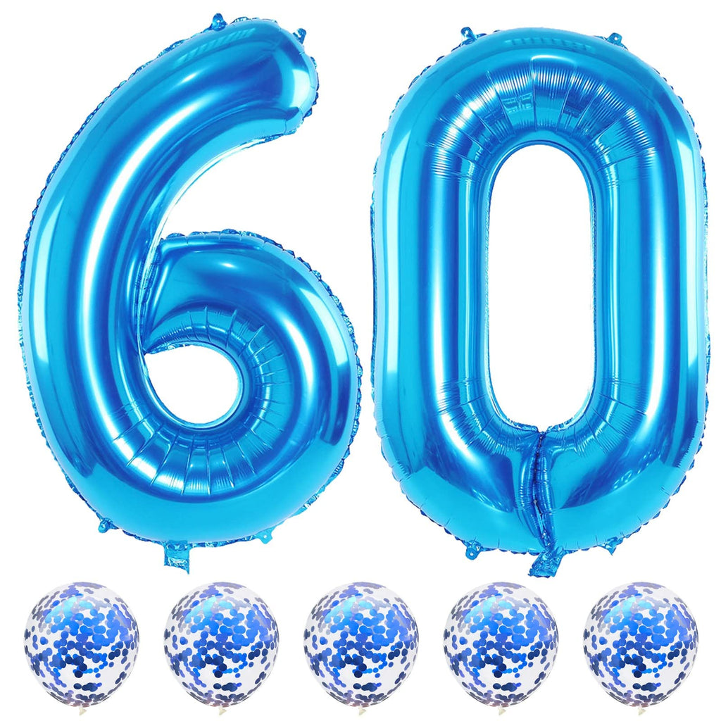 Lingqiang 60th Birthday Balloons Set - 40-inch Blue Foil Number 60 with Confetti Latex Kit