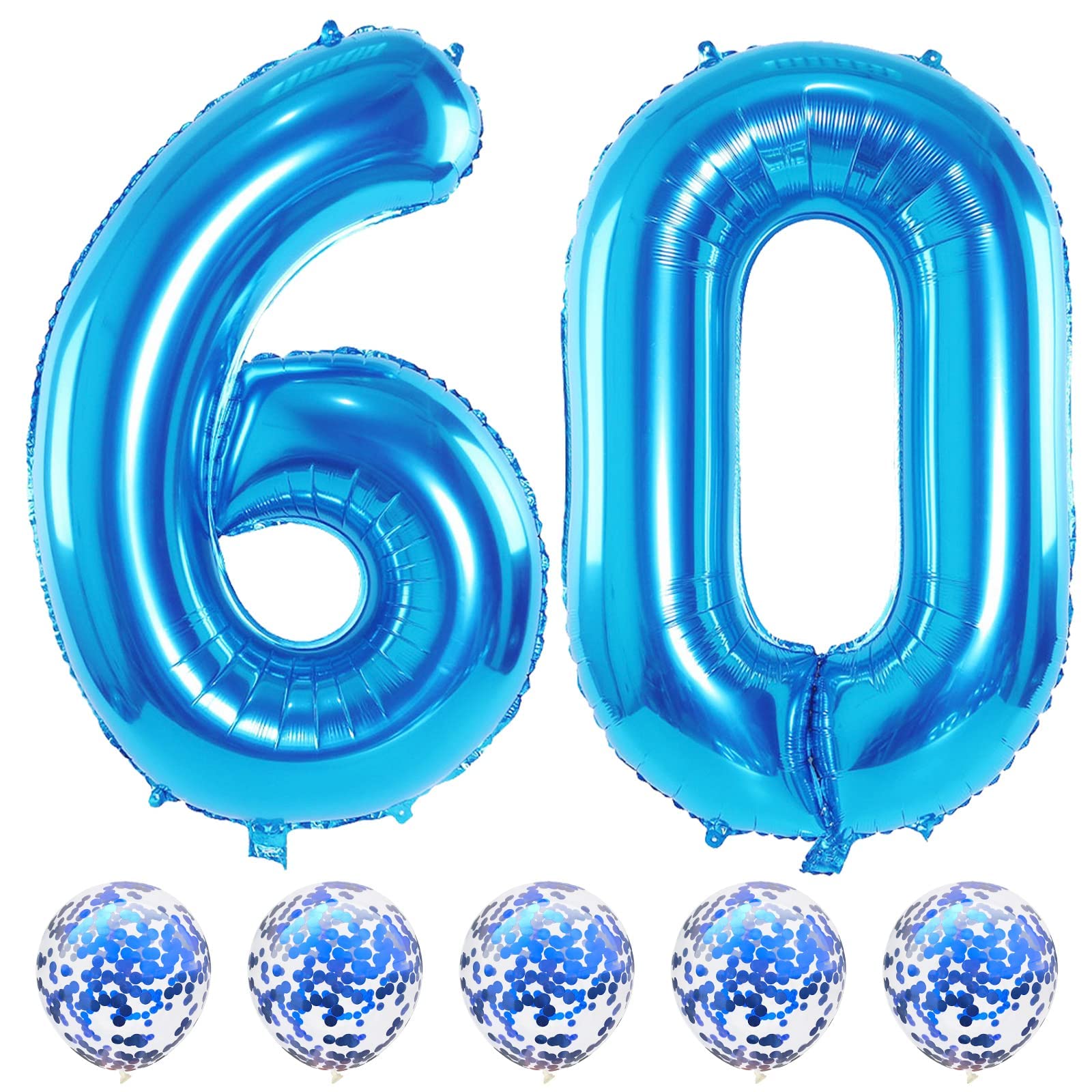 Lingqiang 60th Birthday Balloons Set - 40-inch Blue Foil Number 60 with Confetti Latex Kit