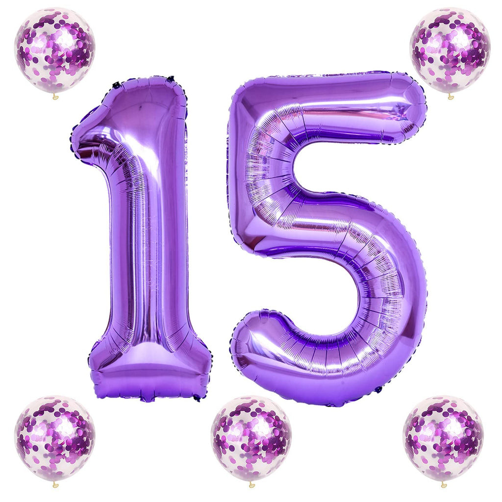 Lingqiang 15th Birthday Balloons Kit — 40-Inch Purple Number 15 Foil Balloons with Confetti