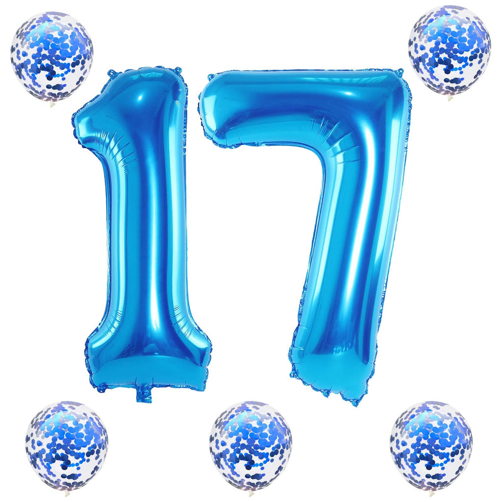 Lingqiang 17th Birthday Blue Foil Balloons – 40-Inch Number 17 & 12-Inch Confetti Balloons