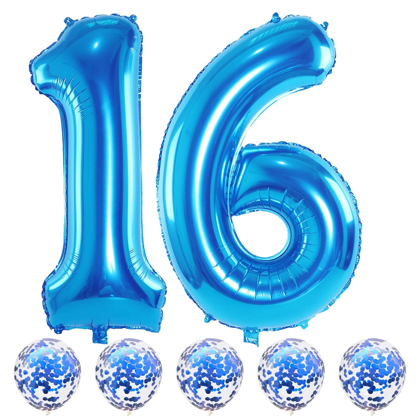 Lingqiang Blue 16 Birthday Balloons Kit - 40 Inch Foil Numbers 1 & 6 + Confetti Balloons
