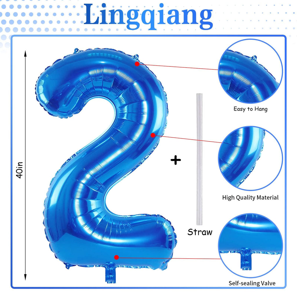 Lingqiang Blue 2 Balloons – 40-Inch Foil Number Balloons, Self-Inflating, for Birthdays & Parties
