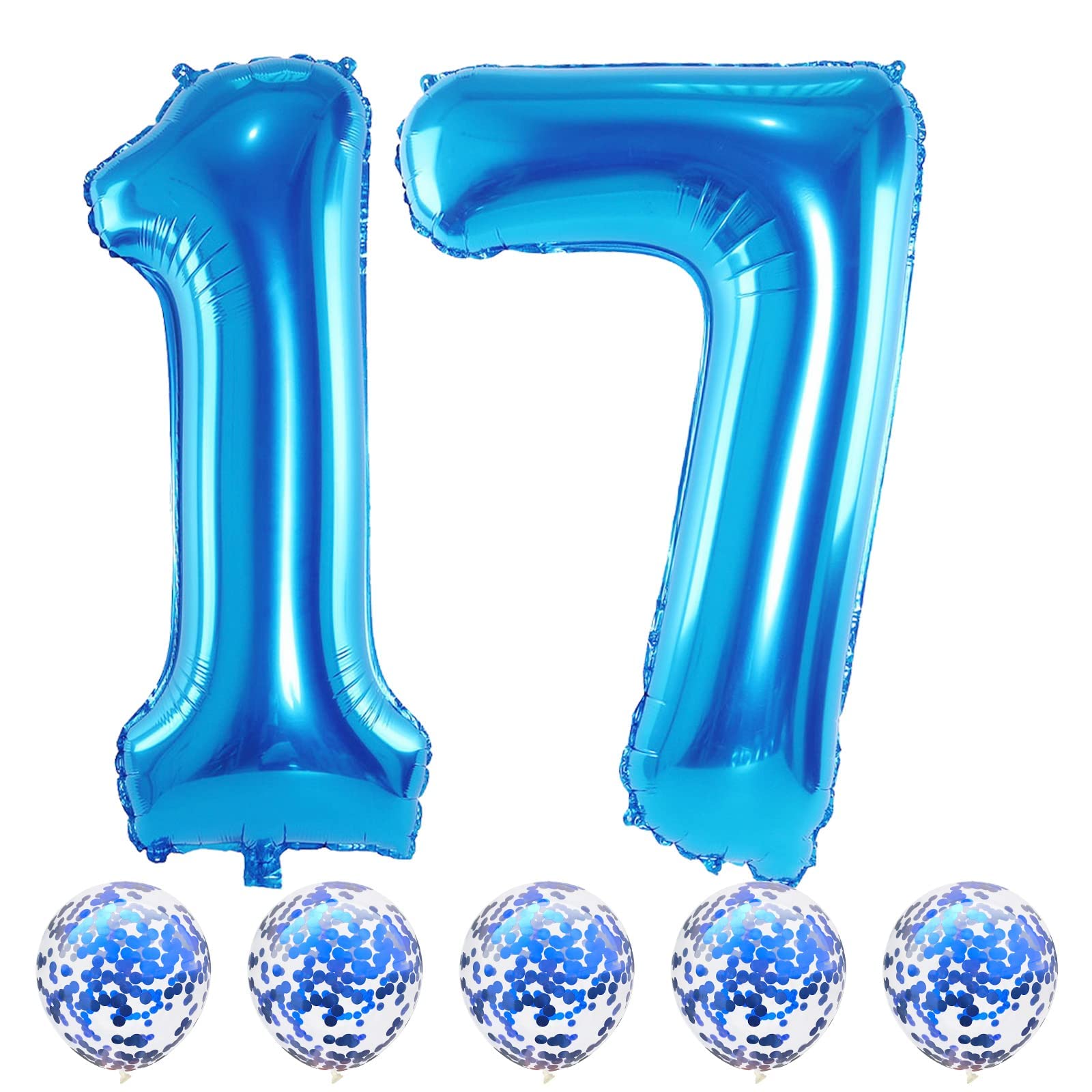 Lingqiang 17th Birthday Blue Foil Balloons – 40-Inch Number 17 & 12-Inch Confetti Balloons
