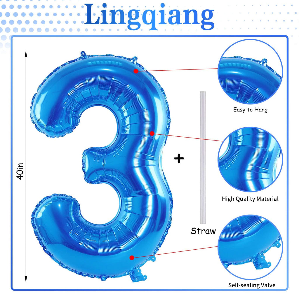 Lingqiang 40 Inch Blue Number 3 Balloon | Large Foil Numeric Balloons for Birthdays & Celebrations