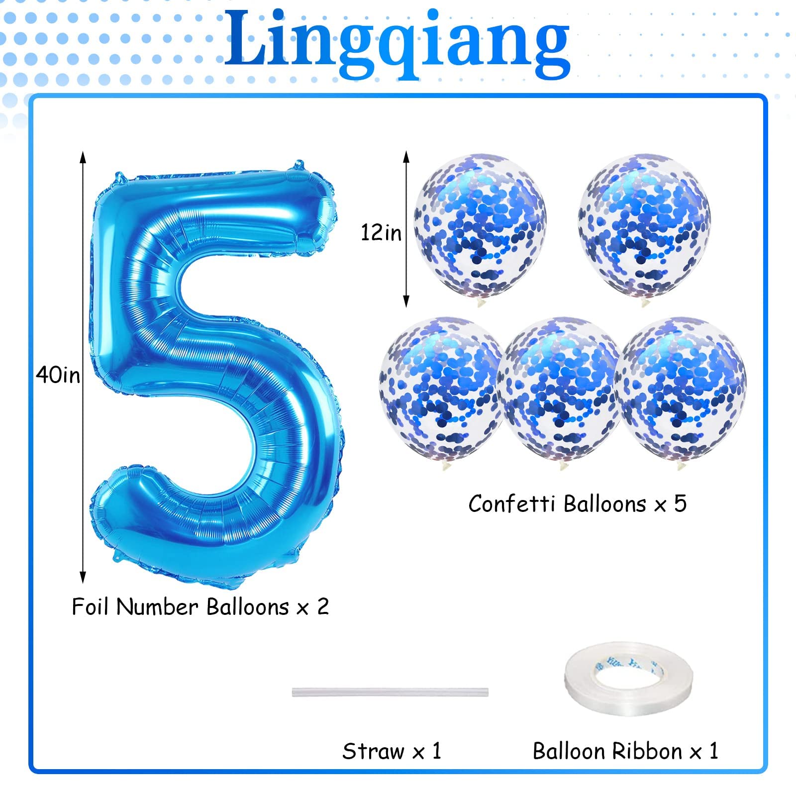 Lingqiang Blue 65th Birthday Balloons Kit — 40in Foil Numbers 5 & 6 + Confetti Latex Set